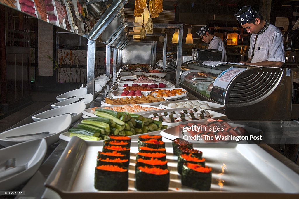 Hokkaido, a restaurant buffet that features sushi, sashimi, dim sum, teppanyaki, kimchi, sushi rolls, wonton soup, shark fin soup, fried rice, clam chowder, lo mein, fresh fruits, General Tso's chicken and even a chocolate damn fountain