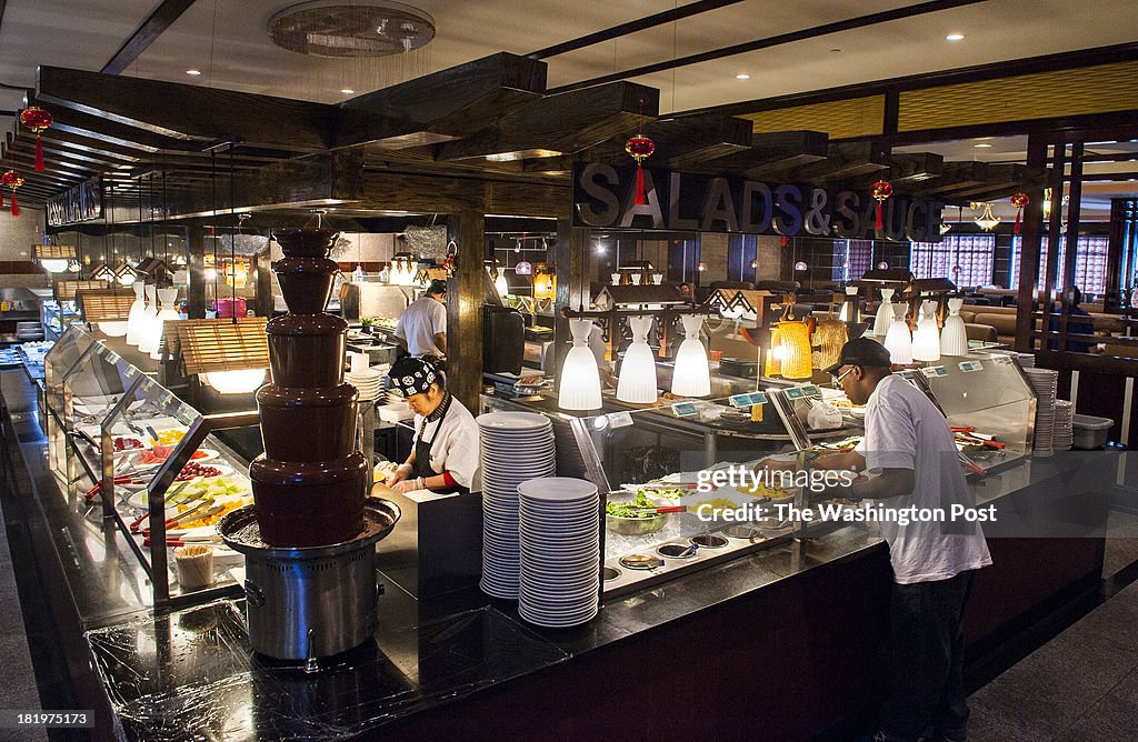 Hokkaido, a restaurant buffet that features sushi, sashimi, dim sum, teppanyaki, kimchi, sushi rolls, wonton soup, shark fin soup, fried rice, clam chowder, lo mein, fresh fruits, General Tso's chicken and even a chocolate damn fountain