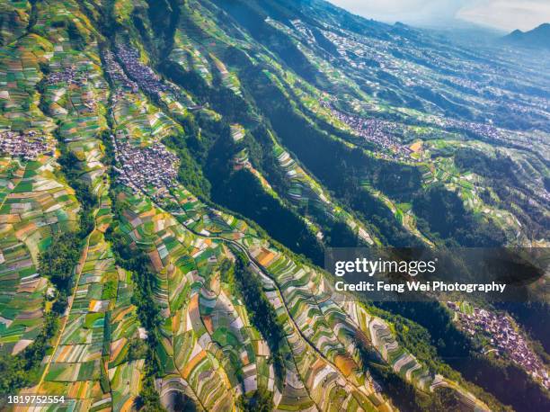 villages and terraced fields, mount sumbing, nepal van java, central java, indonesia - nepal drone stock pictures, royalty-free photos & images