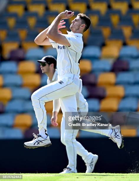Liam Haskett of Western Australia bowls during day two of the Sheffield Shield match between Queensland and Western Australia at The Gabba, on...