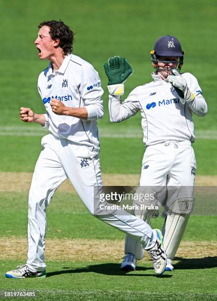 Doug Warren of the Bushrangers celebrates the wicket of Liam Scott of the Redbacks during the Sheffield Shield match between South Australia and...