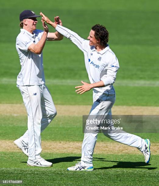 Doug Warren of the Bushrangers celebrates the wicket of Liam Scott of the Redbacks with Will Sutherland captain of the Bushrangers during the...