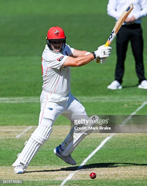 Ben Manenti of the Redbacks bats during the Sheffield Shield match between South Australia and Victoria at Adelaide Oval, on November 29 in Adelaide,...