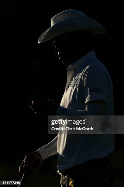 Shingo Katayama of Japan waits to putt out on the ninth green during day two of the Panasonic Japan Open at Ibaraki Golf Club on September 27, 2013...