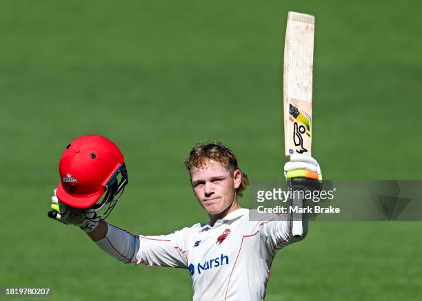 Jake Fraser-McGurk of the Redbacks celebrates bringing up his century during the Sheffield Shield match between South Australia and Victoria at...