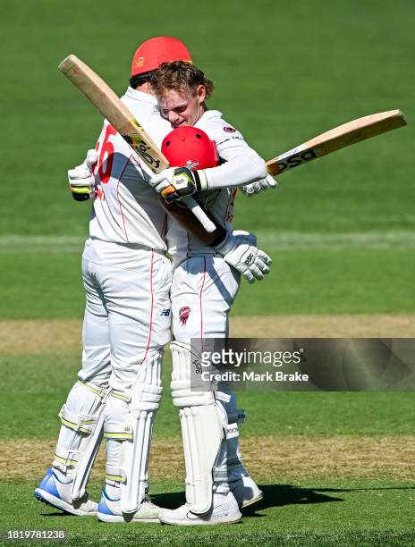 Jake Fraser-McGurk of the Redbacks celebrates bringing up his century with s46during the Sheffield Shield match between South Australia and Victoria...