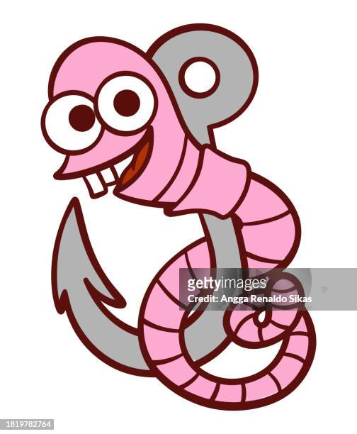 funny worm on a fishing hook cartoon - fishing hook worm stock illustrations