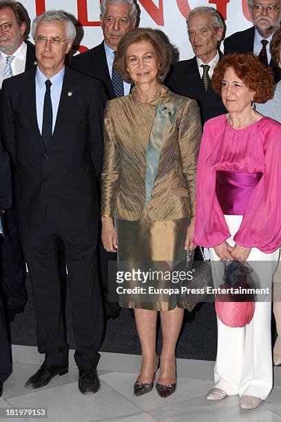 Queen Sofia of Spain and Carmen Iglesias attend the opening of exhibition 'La lengua y la palabra: 300 anos de la Real Academia Espanola' on...