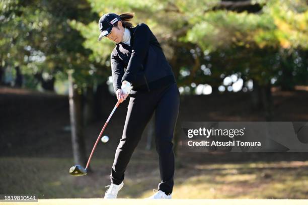 Ayaka Watanabe of Japan hits her tee shot on the 2nd hole during the second round of the JLPGA Qualifying Tournament Final Stage at Katsuragi Golf...