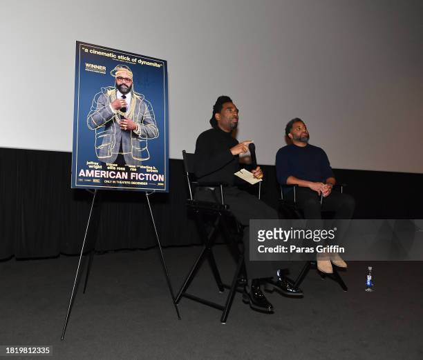 Ray Cornelius and Jermaine Johnson speaks onstage during the African American Film Critics Association special screening of "American Fiction" at AMC...