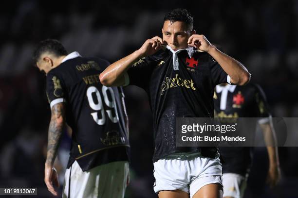 Sebastian Ferreira of Vasco reacts after defeating the match between Vasco Da Gama and Corinthians as part of Brasileirao 2023 at Sao Januario...