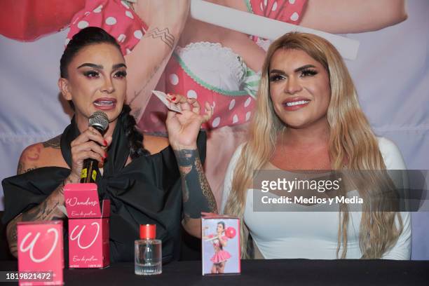 Yered Licona, of Wander Lovers,and Wendy Guevara speak during a press conference for `Wanders´ perfume at Teatro Centenario Coyoacan on November 28,...