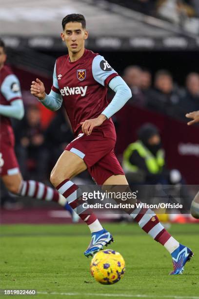 Nayef Aguerd of West Ham during the Premier League match between West Ham United and Crystal Palace at London Stadium on December 3, 2023 in London,...