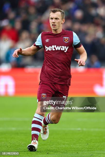 James Ward-Prowse of West Ham during the Premier League match between West Ham United and Crystal Palace at London Stadium on December 3, 2023 in...