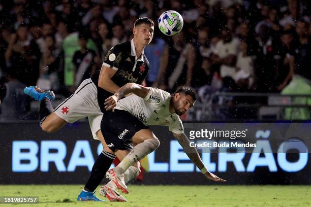 Lucas Piton of Vasco fights for the ball with Yuri Alberto of Corinthians during the match between Vasco Da Gama and Corinthians as part of...