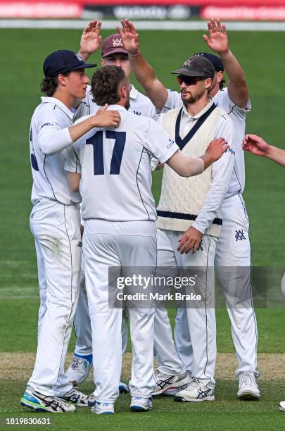 Fergus O'Neill of the Bushrangers celebrates the wicket of Nathan McAndrew of the Redbacks during the Sheffield Shield match between South Australia...