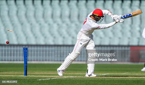 Wes Agar of the Redbacks bowled by Peter Siddle of the Bushrangers during the Sheffield Shield match between South Australia and Victoria at Adelaide...