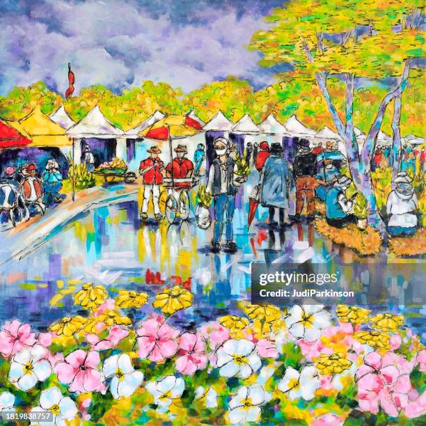 garden lovers market on a rainy day, original painting - impressionism art stock illustrations