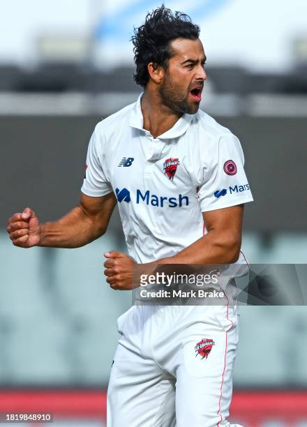 Wes Agar of the Redbacks celebrates the wicket of Marcus Harris of the Bushrangers during the Sheffield Shield match between South Australia and...