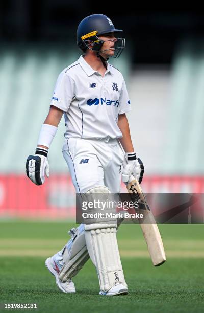 Marcus Harris of the Bushrangers leaves the ground after getting out to Wes Agar of the Redbacks during the Sheffield Shield match between South...
