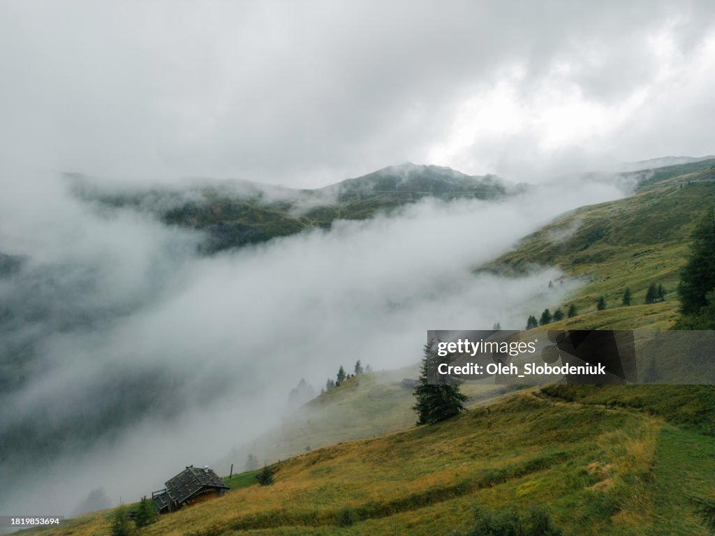 Aerial view of fog covering the mountains