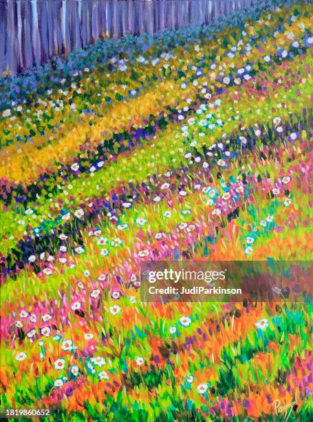 gänseblümchen, die auf einem hügel auf dem land wachsen original acrylgemälde - grove stock-grafiken, -clipart, -cartoons und -symbole