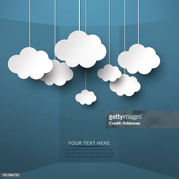white clouds hand from strings on blue background - cloud computing stock illustrations