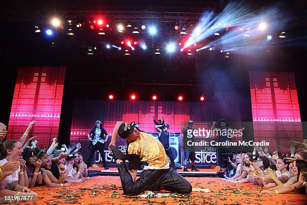 Justice Crew perform during the Nickelodeon Slimefest 2013 evening show at Sydney Olympic Park Sports Centre on September 27, 2013 in Sydney,...