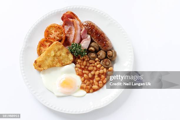 full english breakfast on white platter - english breakfast stock pictures, royalty-free photos & images