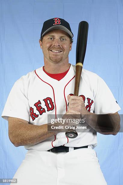 Jeremy Giambi of the Boston Red Sox poses for a portrait during the Red Sox spring training Media Day on February 23, 2003 at Ed Smith Stadium in...