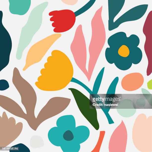 illustrations, cliparts, dessins animés et icônes de vecteur enfants doodle style couleurs feuillage fleur modèle sans couture joli pastels fond d’écran - floral