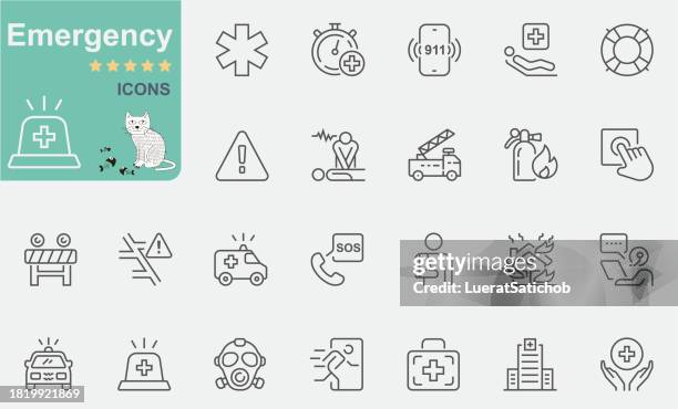ilustraciones, imágenes clip art, dibujos animados e iconos de stock de conjunto de iconos de emergencia. colección de iconos de línea - accidentes y desastres