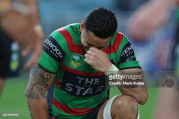 John Sutton of the Rabbitohs looks dejected after defeat during the NRL Preliminary Final match between the South Sydney Rabbitohs and the Manly...