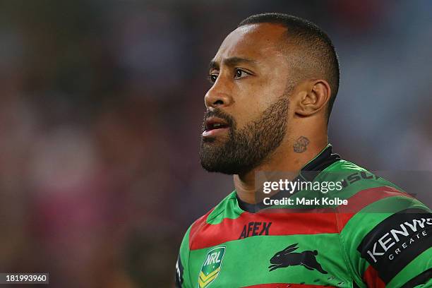 Roy Asotasi of the Rabbitohs looks dejected after defeat during the NRL Preliminary Final match between the South Sydney Rabbitohs and the Manly...