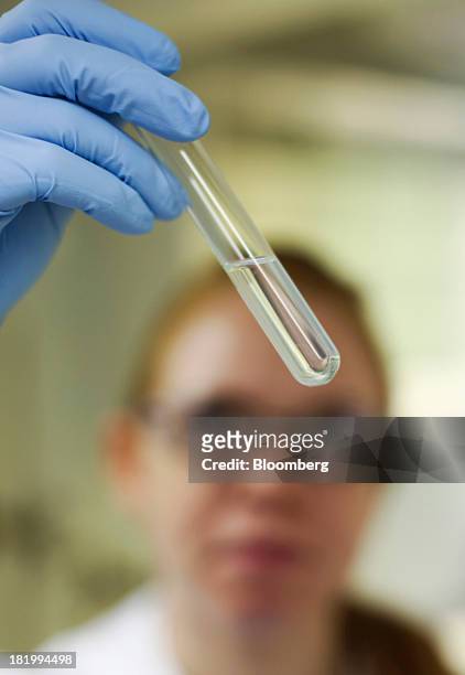 An employee inspects a test tube of flavoring at the Treatt Plc factory in Bury St Edmunds, U.K., on Wednesday, Sept. 25, 2013. Treatt Plc, the U.K....