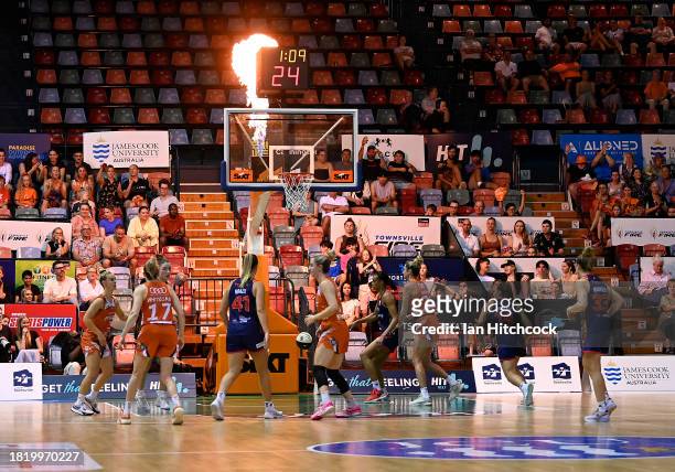 Courtney Woods of the Fire scores from the free throw line during the WNBL match between Townsville Fire and Adelaide Lightning at Townsville...