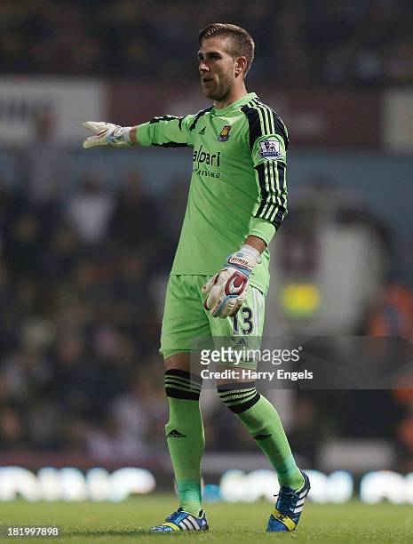 Adrian of West Ham gestures during the Capital One Cup third round match between West Ham United and Cardiff City at the Boleyn Ground on September...