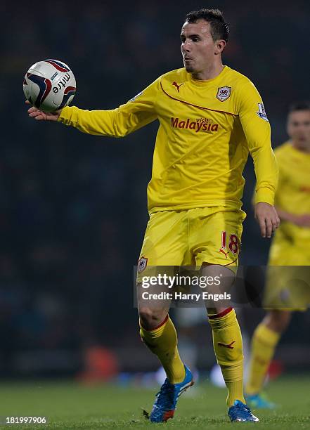 Jordan Mutch of Cardiff City in action during the Capital One Cup third round match between West Ham United and Cardiff City at the Boleyn Ground on...