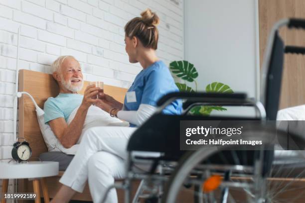 senior man drinking water in bed after surgery, nurse helping to hold glass. female caregiver taking care of chronically ill elderly patient lying in bed at home. - 老人醫學 個照片及圖片檔