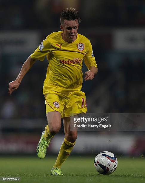Craig Noone of Cardiff City in action during the Capital One Cup third round match between West Ham United and Cardiff City at the Boleyn Ground on...