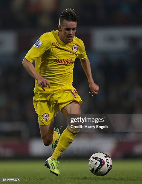 Craig Noone of Cardiff City in action during the Capital One Cup third round match between West Ham United and Cardiff City at the Boleyn Ground on...