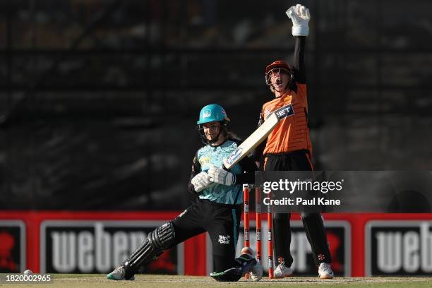 Beth Mooney of the Scorchers appeals unsuccessfully for the wicket of Georgia Redmayne of the Heat during The Challenger WBBL finals match between...