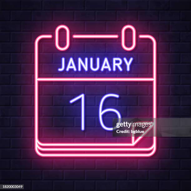 january 16. glowing neon icon on brick wall background - nighttime routine stock illustrations