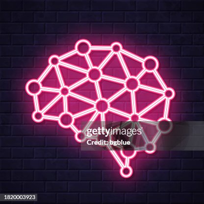 Artificial intelligence brain. Glowing neon icon on brick wall background Artificial intelligence brain. Glowing neon icon on brick wall background