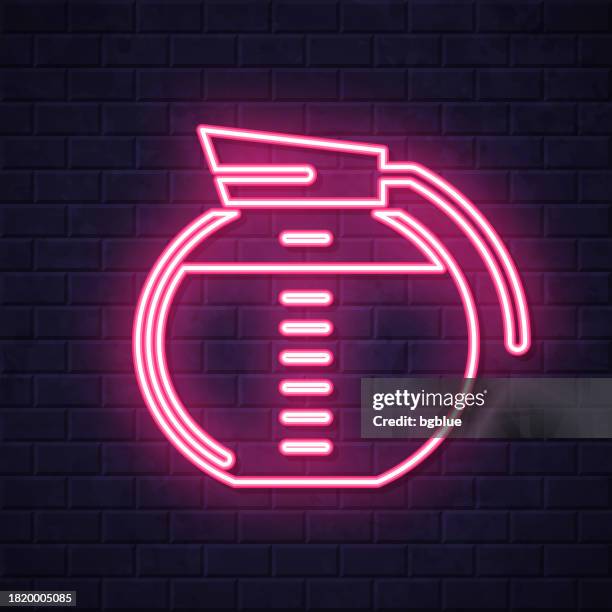coffee maker. glowing neon icon on brick wall background - making coffee stock illustrations