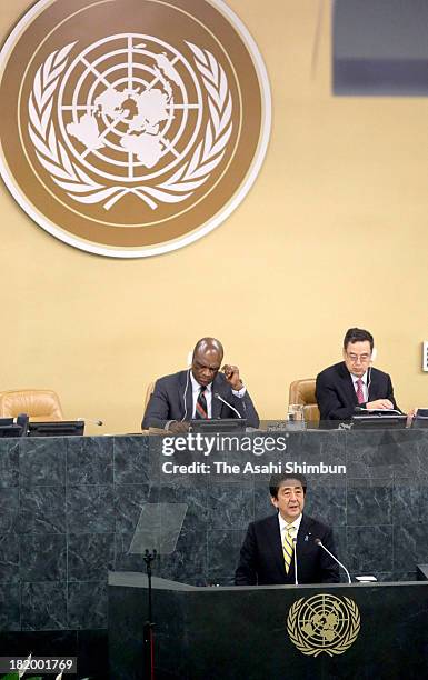 Japanese Prime Minister Shinzo Abe addresses the U.N. General Assembly on September 26, 2013 in New York City. World leaders gathered for the 68th...