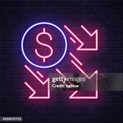 Dollar decrease. Glowing neon icon on brick wall background Dollar decrease. Glowing neon icon on brick wall background
