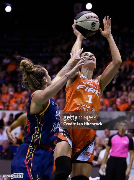 Alice Kunek of the Fire dttbduring the WNBL match between Townsville Fire and Adelaide Lightning at Townsville Entertainment Centre, on November 29...