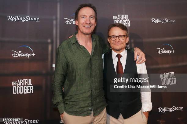 David Thewlis and Damon Herriman attends the Sydney premiere of "The Artful Dodger" at Beta Bar on November 29, 2023 in Sydney, Australia.