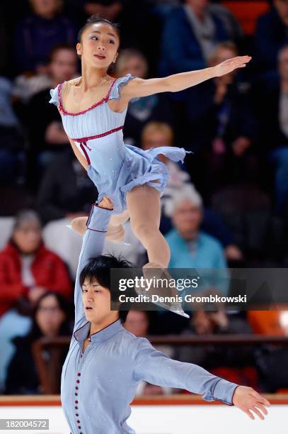 Narumi Takahashi and Ryuichi Kihara of Japan compete in the Pair's Free Skating competition during day two of the ISU Nebelhorn Trophy at...